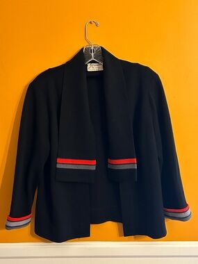 Vintage Black Open-Front Women's Jacket with Red & Gray Trim